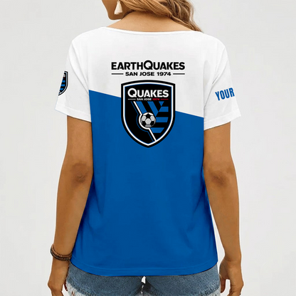 [FAN EXCLUSIVE] NEW CUSTOMIZED MLS17 SJE SAN JOSE EARTHQUAKES V-NECK FEMALE SHIRT