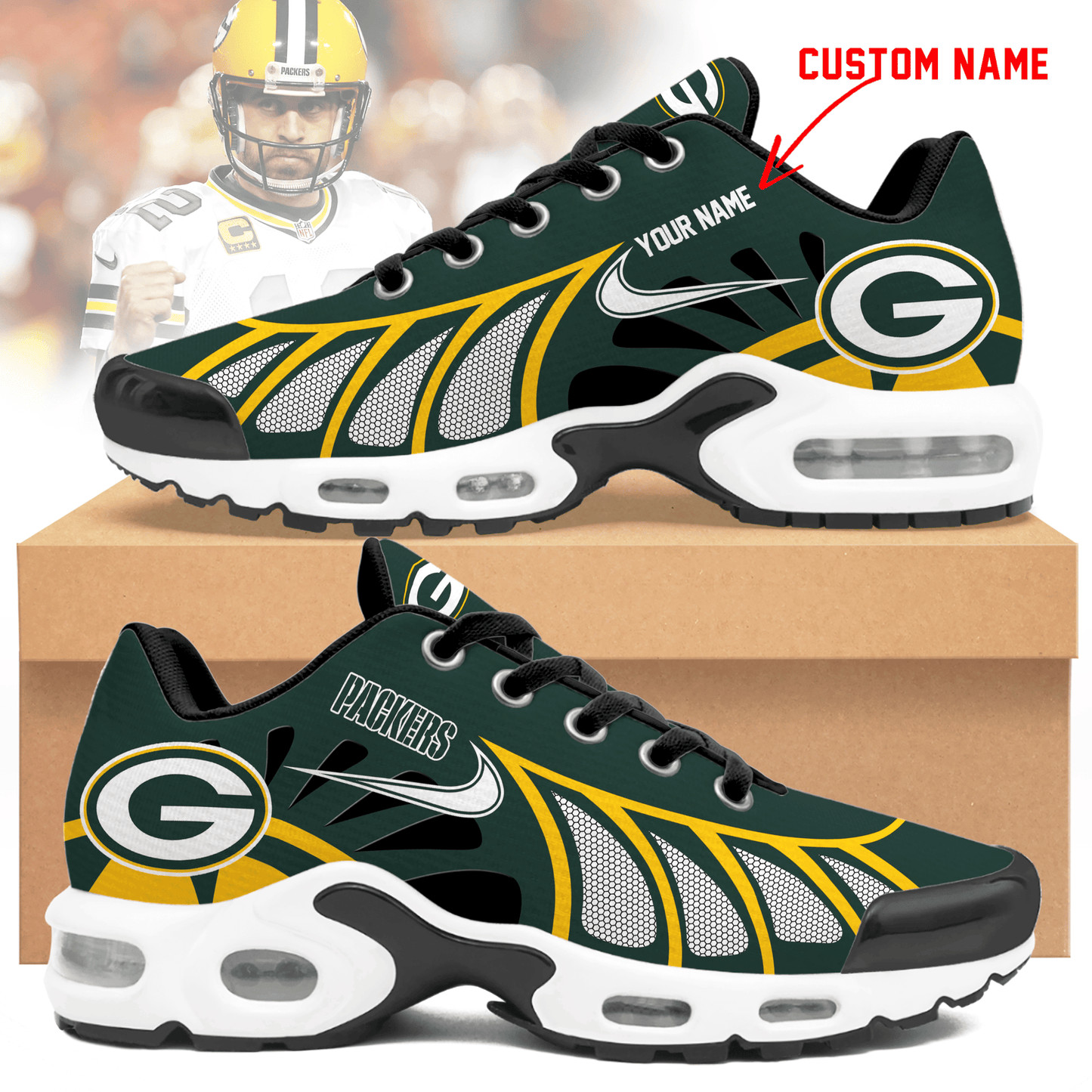 LIMITED EDITION - NEW CUSTOMIZED NFL08 GBP GREEN BAY PACKERS UNISEX AIR MAX PLUS SNEAKERS