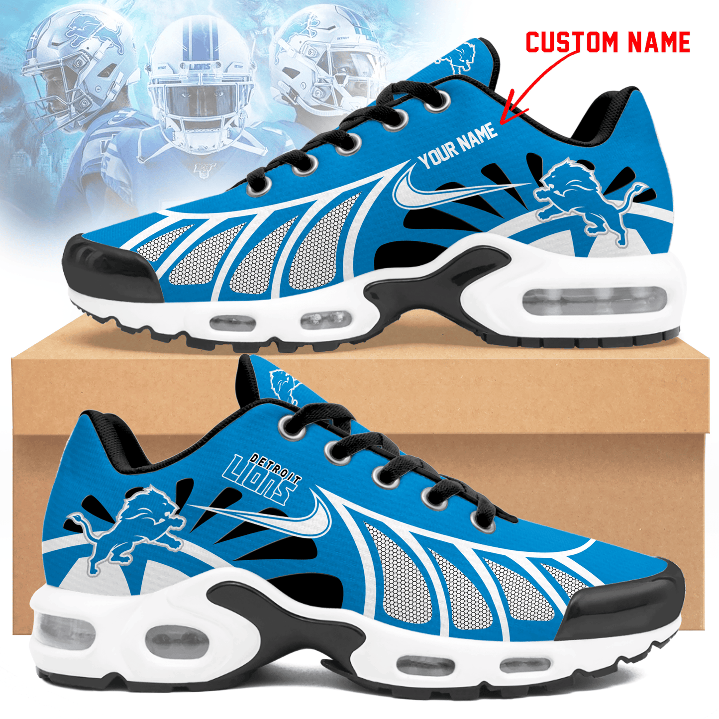 LIMITED EDITION - NEW CUSTOMIZED NFL04 DTL DETROIT LIONS UNISEX AIR MAX PLUS SNEAKERS