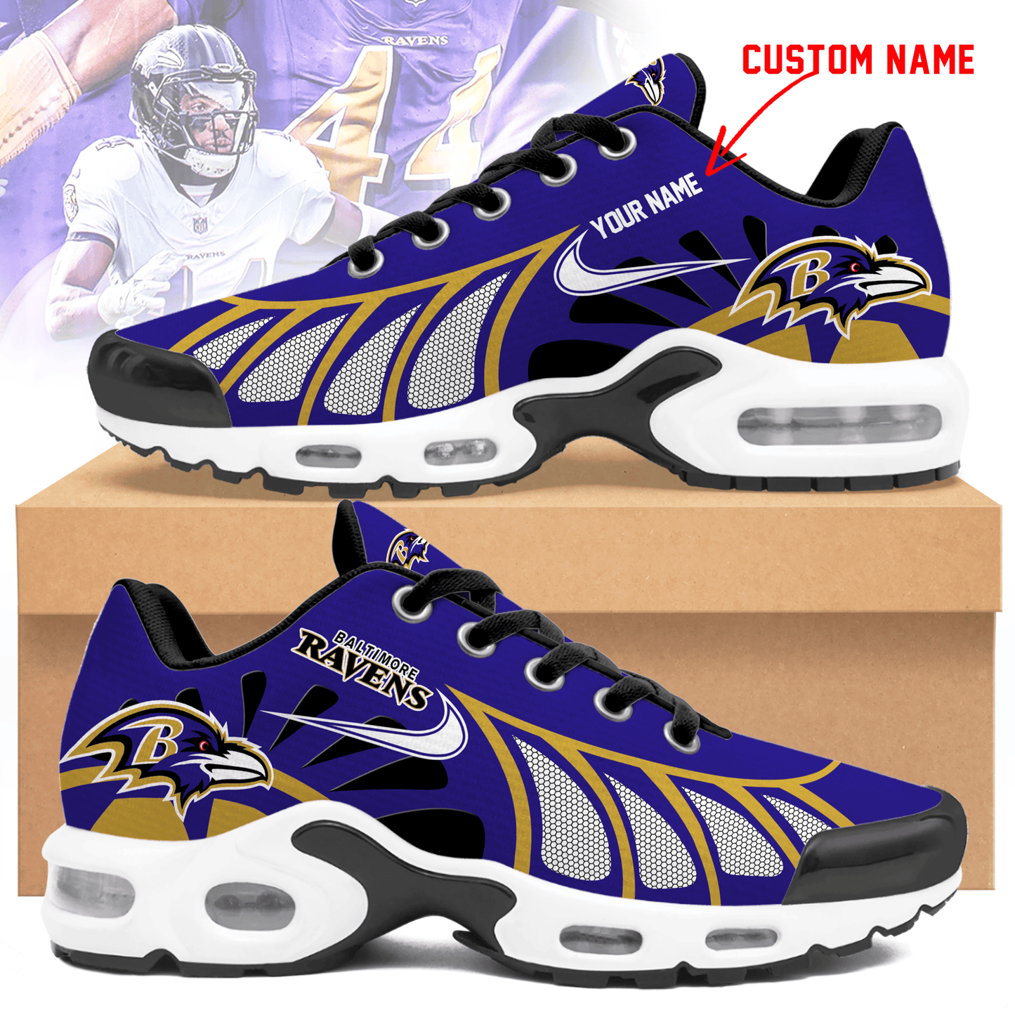 LIMITED EDITION - NEW CUSTOMIZED NFL28 BTR BALTIMORE RAVENS UNISEX AIR MAX PLUS SNEAKERS
