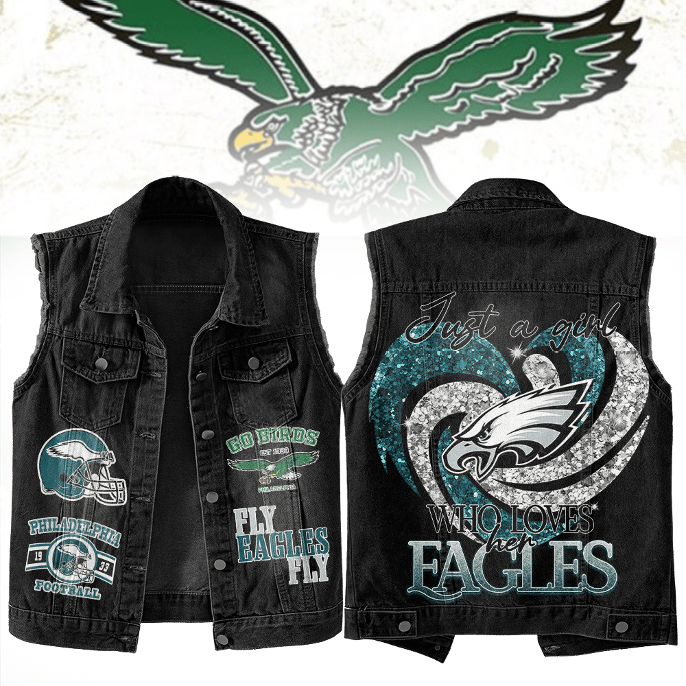 LIMITED EDITION - NEW PREMIUM NFL02 PPE PHILADELPHIA EAGLES UNISEX SLEEVELESS DENIM JACKET