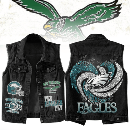 LIMITED EDITION - NEW PREMIUM NFL02 PPE PHILADELPHIA EAGLES UNISEX SLEEVELESS DENIM JACKET