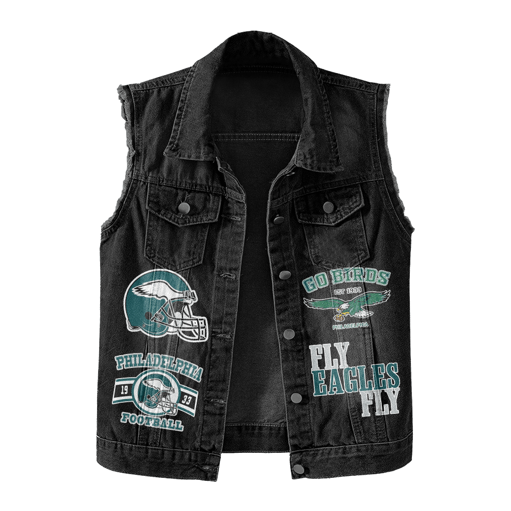 LIMITED EDITION - NEW PREMIUM NFL02 PPE PHILADELPHIA EAGLES UNISEX SLEEVELESS DENIM JACKET