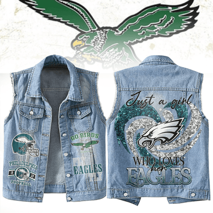 LIMITED EDITION - NEW PREMIUM NFL02 PPE PHILADELPHIA EAGLES UNISEX SLEEVELESS DENIM JACKET