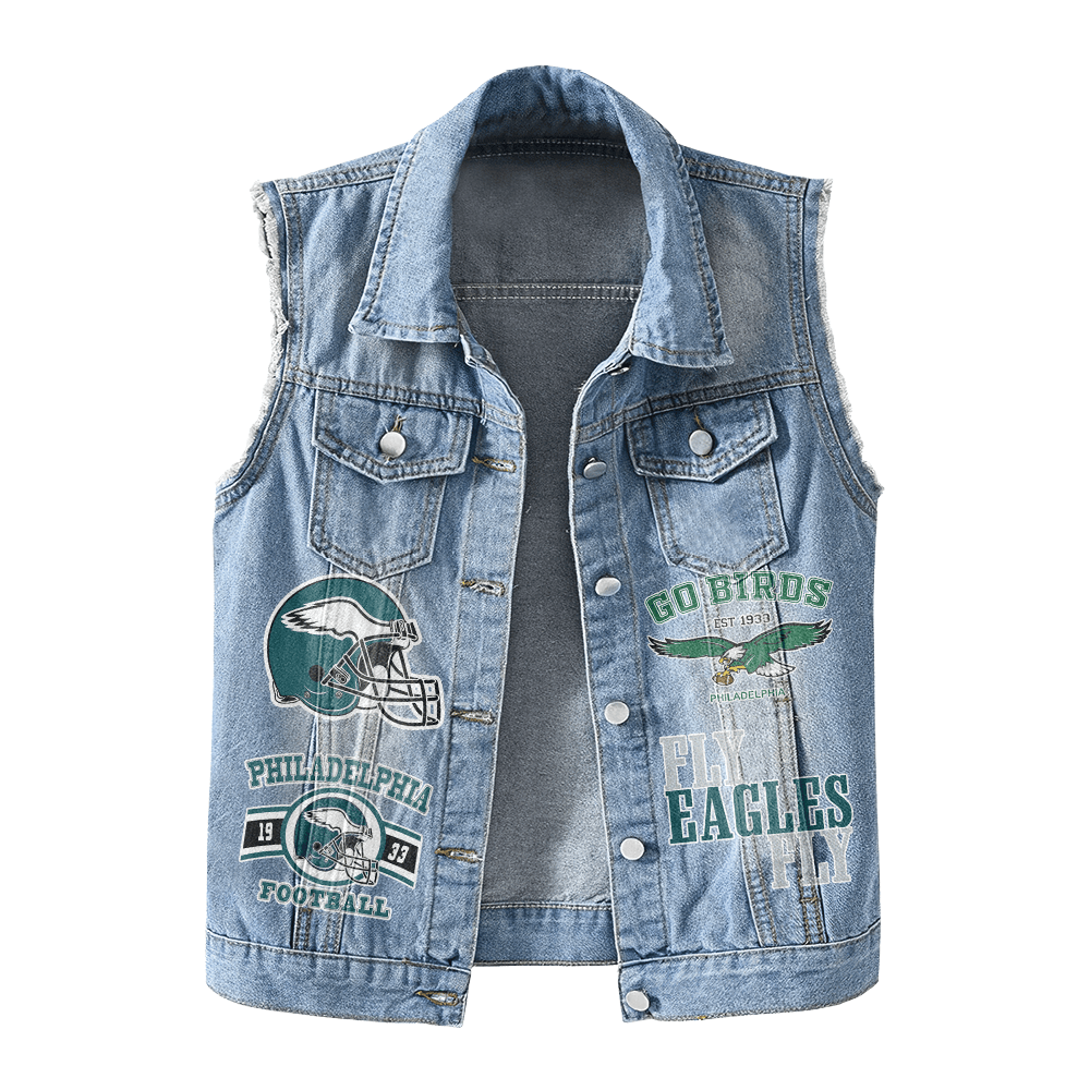 LIMITED EDITION - NEW PREMIUM NFL02 PPE PHILADELPHIA EAGLES UNISEX SLEEVELESS DENIM JACKET