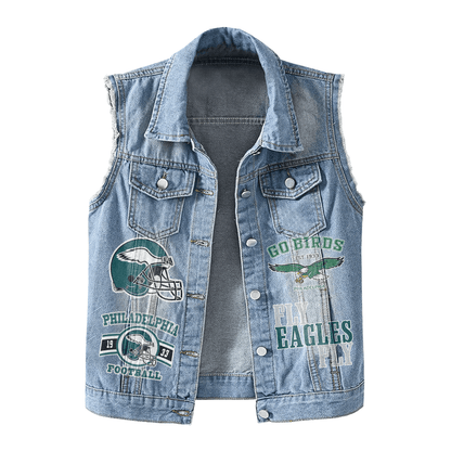 LIMITED EDITION - NEW PREMIUM NFL02 PPE PHILADELPHIA EAGLES UNISEX SLEEVELESS DENIM JACKET
