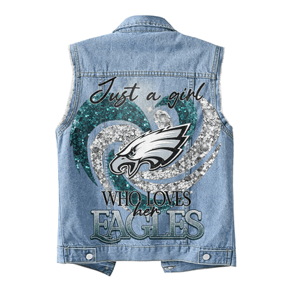 LIMITED EDITION - NEW PREMIUM NFL02 PPE PHILADELPHIA EAGLES UNISEX SLEEVELESS DENIM JACKET