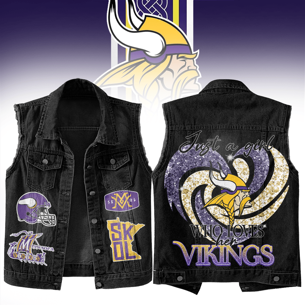 LIMITED EDITION - NEW PREMIUM NFL05 MVK MINNESOTA VIKINGS UNISEX SLEEVELESS DENIM JACKET