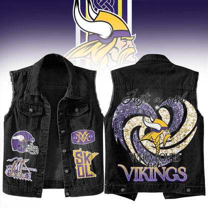 LIMITED EDITION - NEW PREMIUM NFL05 MVK MINNESOTA VIKINGS UNISEX SLEEVELESS DENIM JACKET