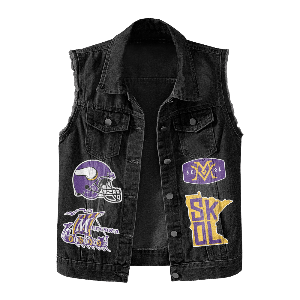 LIMITED EDITION - NEW PREMIUM NFL05 MVK MINNESOTA VIKINGS UNISEX SLEEVELESS DENIM JACKET