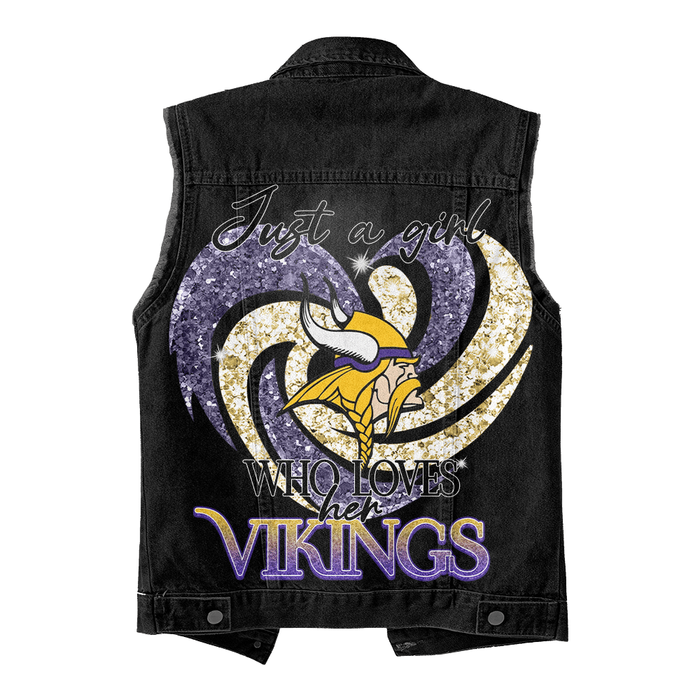 LIMITED EDITION - NEW PREMIUM NFL05 MVK MINNESOTA VIKINGS UNISEX SLEEVELESS DENIM JACKET
