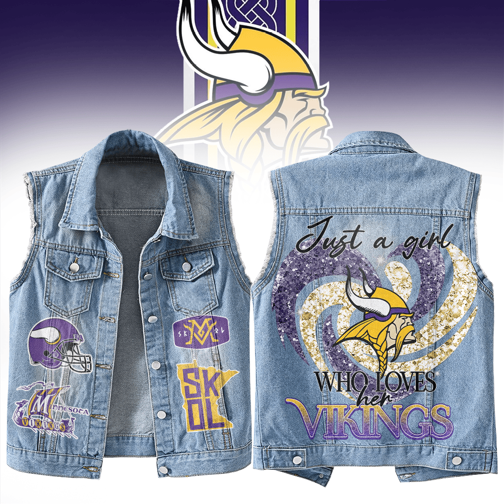 LIMITED EDITION - NEW PREMIUM NFL05 MVK MINNESOTA VIKINGS UNISEX SLEEVELESS DENIM JACKET