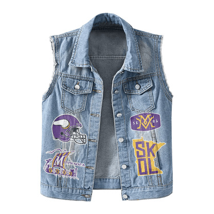 LIMITED EDITION - NEW PREMIUM NFL05 MVK MINNESOTA VIKINGS UNISEX SLEEVELESS DENIM JACKET