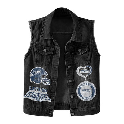 LIMITED EDITION - NEW PREMIUM NFL06 SSH SEATTLE SEAHAWKS UNISEX SLEEVELESS DENIM JACKET