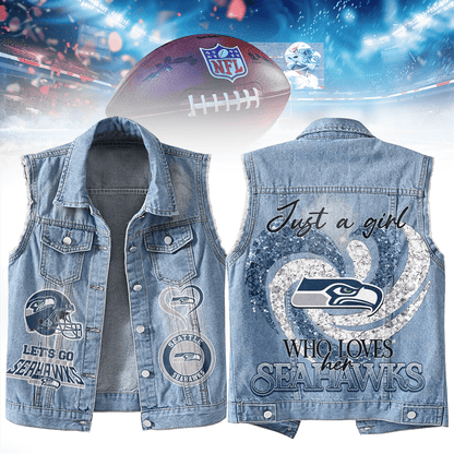 LIMITED EDITION - NEW PREMIUM NFL06 SSH SEATTLE SEAHAWKS UNISEX SLEEVELESS DENIM JACKET