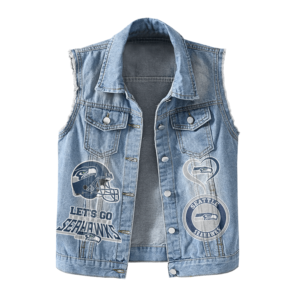 LIMITED EDITION - NEW PREMIUM NFL06 SSH SEATTLE SEAHAWKS UNISEX SLEEVELESS DENIM JACKET