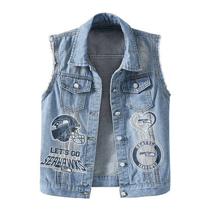 LIMITED EDITION - NEW PREMIUM NFL06 SSH SEATTLE SEAHAWKS UNISEX SLEEVELESS DENIM JACKET