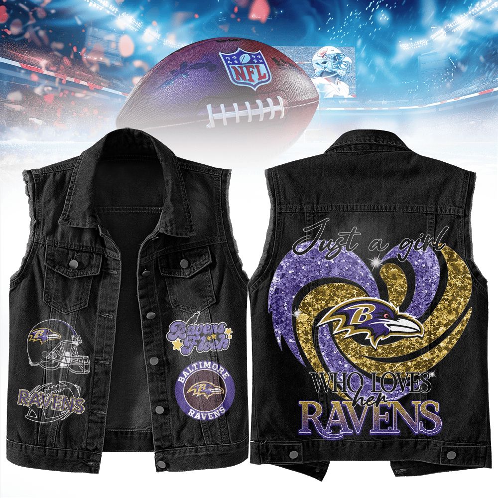 LIMITED EDITION - NEW PREMIUM NFL28 BTR BALTIMORE RAVENS UNISEX SLEEVELESS DENIM JACKET