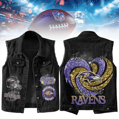 LIMITED EDITION - NEW PREMIUM NFL28 BTR BALTIMORE RAVENS UNISEX SLEEVELESS DENIM JACKET