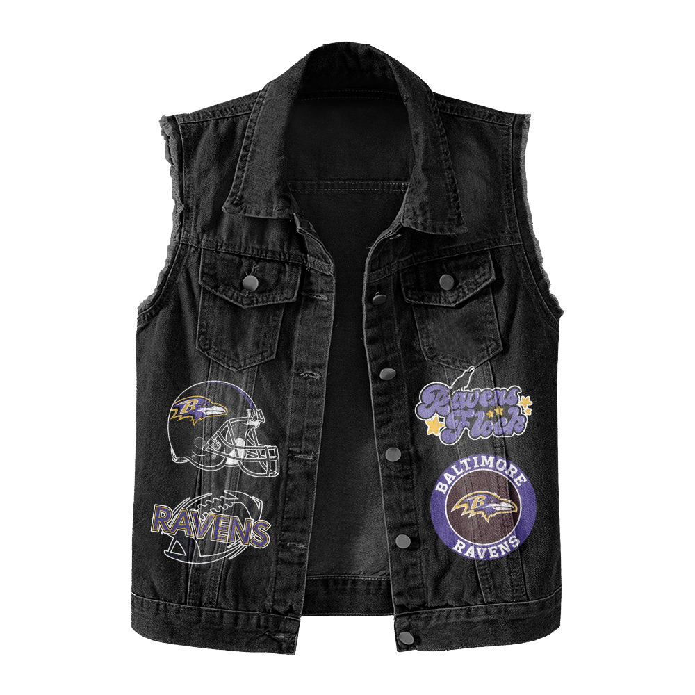 LIMITED EDITION - NEW PREMIUM NFL28 BTR BALTIMORE RAVENS UNISEX SLEEVELESS DENIM JACKET