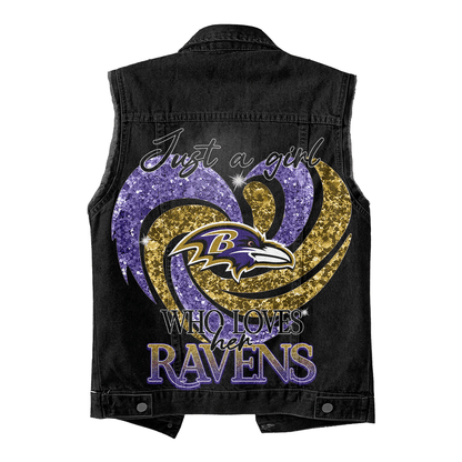 LIMITED EDITION - NEW PREMIUM NFL28 BTR BALTIMORE RAVENS UNISEX SLEEVELESS DENIM JACKET