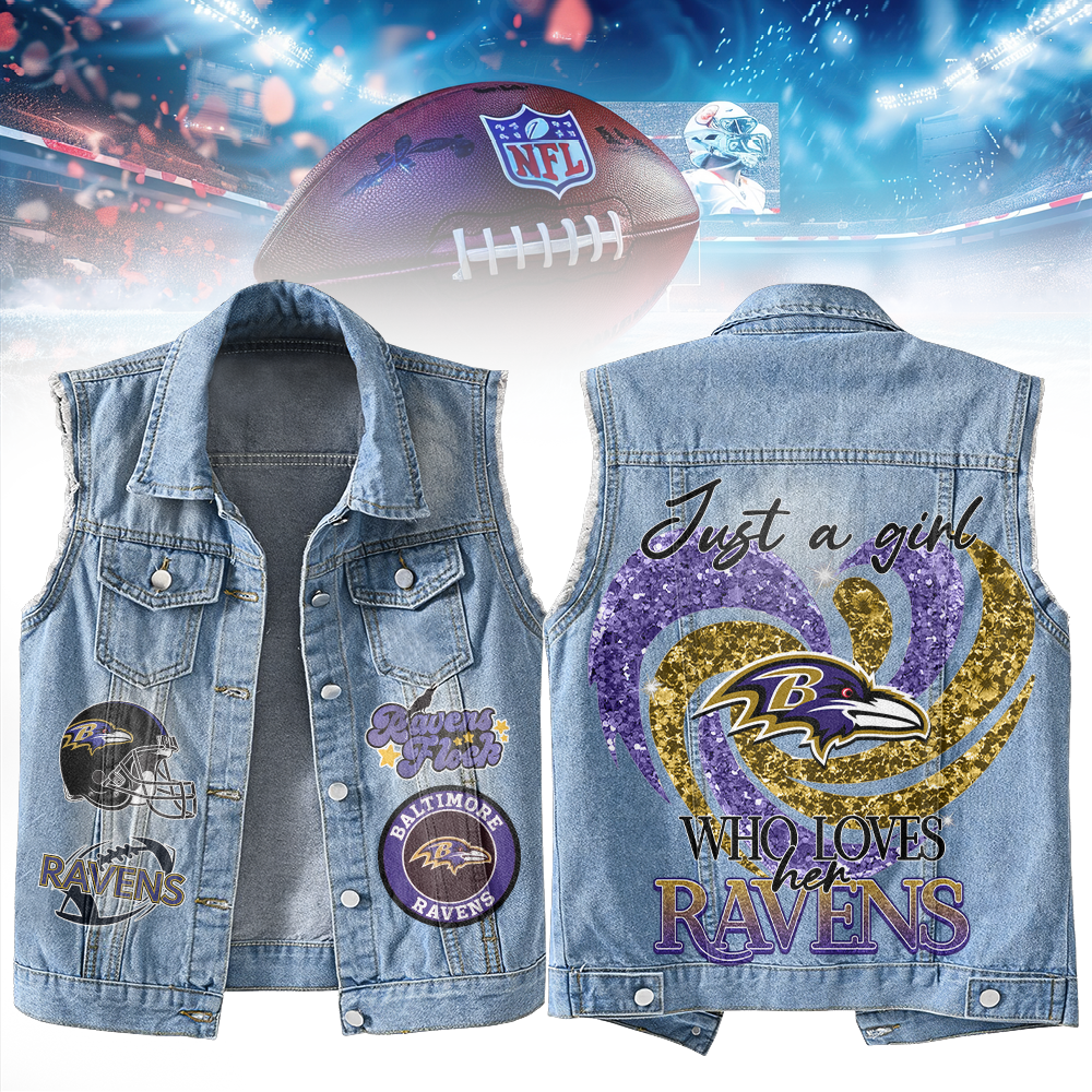 LIMITED EDITION - NEW PREMIUM NFL28 BTR BALTIMORE RAVENS UNISEX SLEEVELESS DENIM JACKET