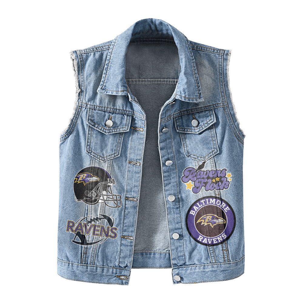 LIMITED EDITION - NEW PREMIUM NFL28 BTR BALTIMORE RAVENS UNISEX SLEEVELESS DENIM JACKET