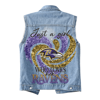 LIMITED EDITION - NEW PREMIUM NFL28 BTR BALTIMORE RAVENS UNISEX SLEEVELESS DENIM JACKET