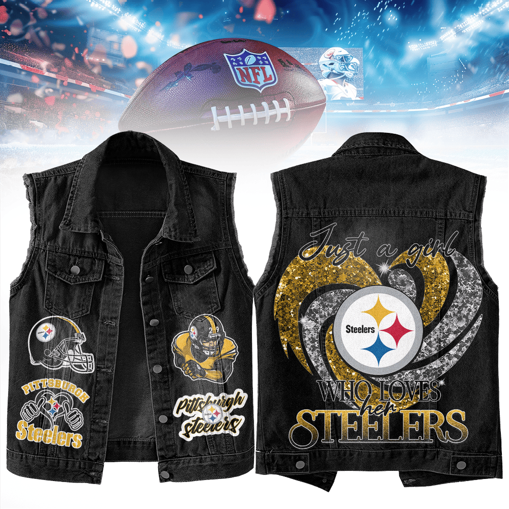 LIMITED EDITION - NEW PREMIUM NFL14 PSB PITTSBURGH STEELERS UNISEX SLEEVELESS DENIM JACKET