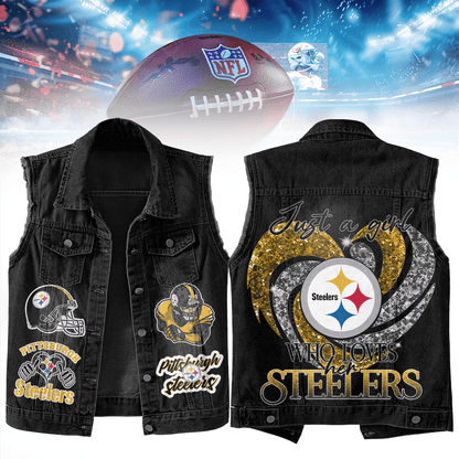 LIMITED EDITION - NEW PREMIUM NFL14 PSB PITTSBURGH STEELERS UNISEX SLEEVELESS DENIM JACKET