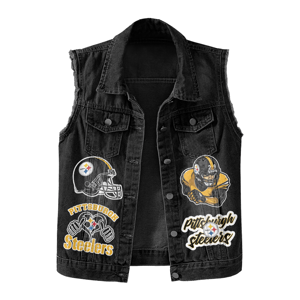 LIMITED EDITION - NEW PREMIUM NFL14 PSB PITTSBURGH STEELERS UNISEX SLEEVELESS DENIM JACKET