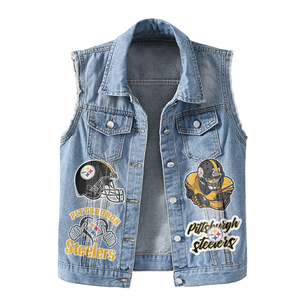 LIMITED EDITION - NEW PREMIUM NFL14 PSB PITTSBURGH STEELERS UNISEX SLEEVELESS DENIM JACKET