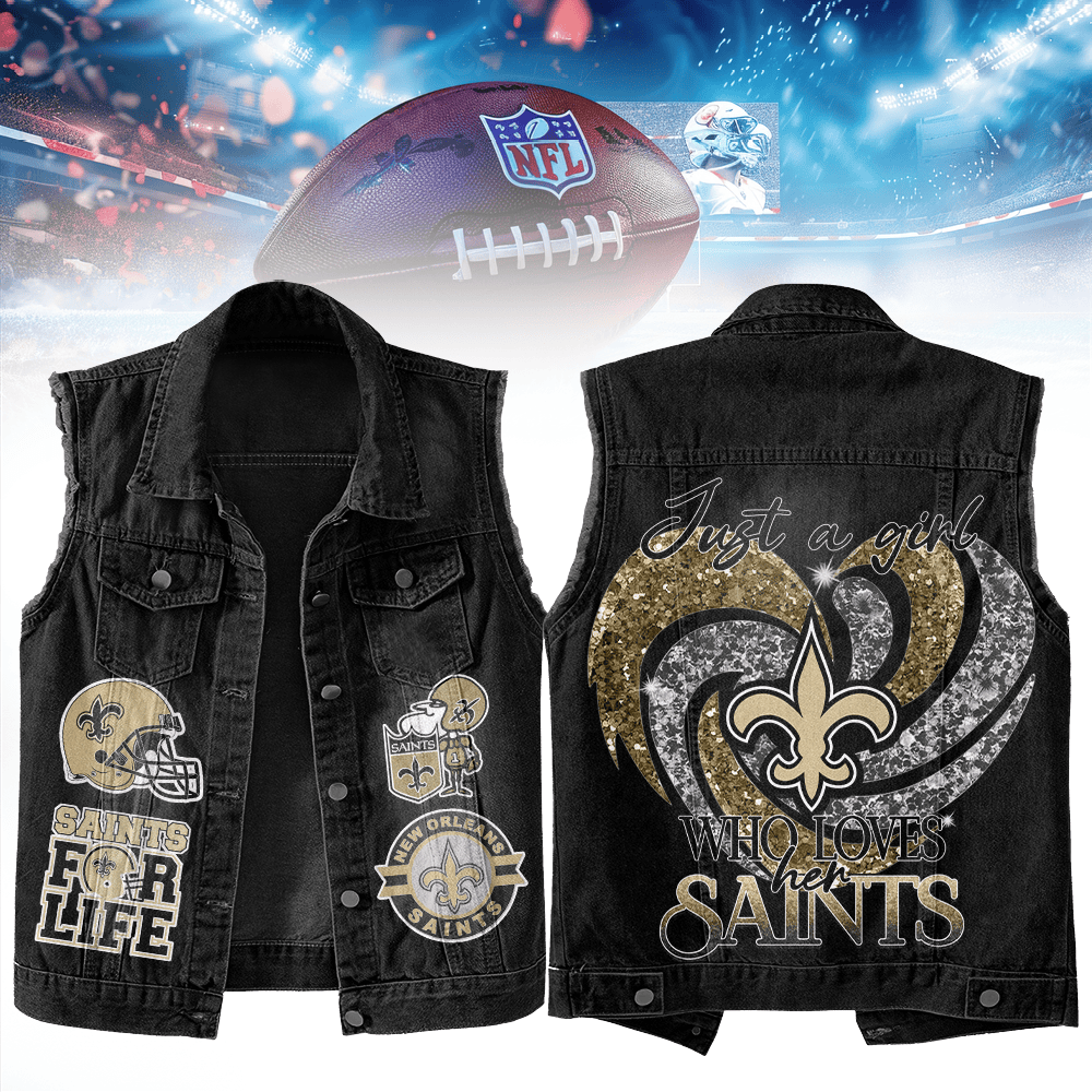 LIMITED EDITION - NEW PREMIUM NFL24 NOS NEW ORLEANS SAINTS UNISEX SLEEVELESS DENIM JACKET