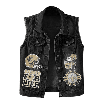 LIMITED EDITION - NEW PREMIUM NFL24 NOS NEW ORLEANS SAINTS UNISEX SLEEVELESS DENIM JACKET