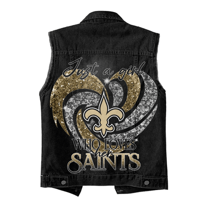 LIMITED EDITION - NEW PREMIUM NFL24 NOS NEW ORLEANS SAINTS UNISEX SLEEVELESS DENIM JACKET