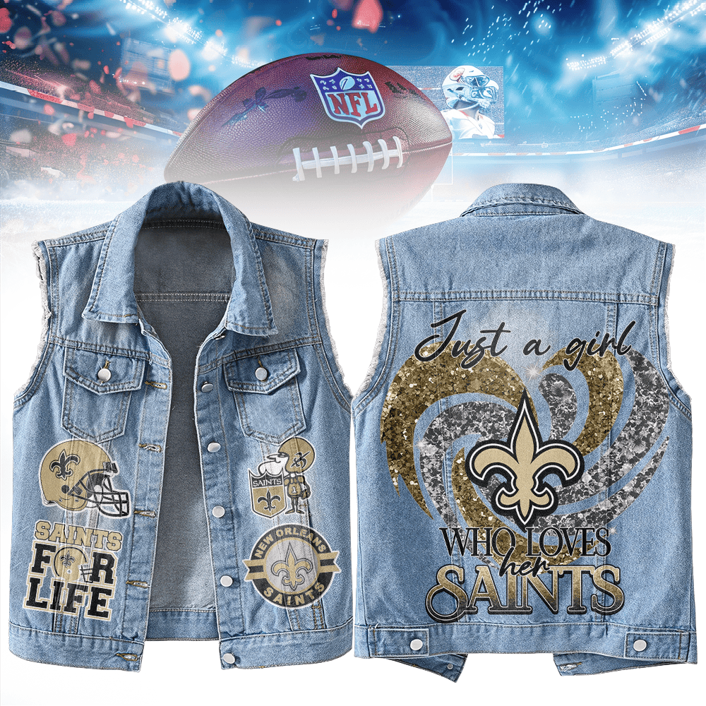 LIMITED EDITION - NEW PREMIUM NFL24 NOS NEW ORLEANS SAINTS UNISEX SLEEVELESS DENIM JACKET