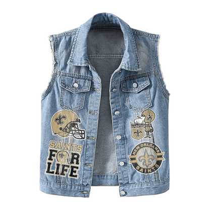 LIMITED EDITION - NEW PREMIUM NFL24 NOS NEW ORLEANS SAINTS UNISEX SLEEVELESS DENIM JACKET