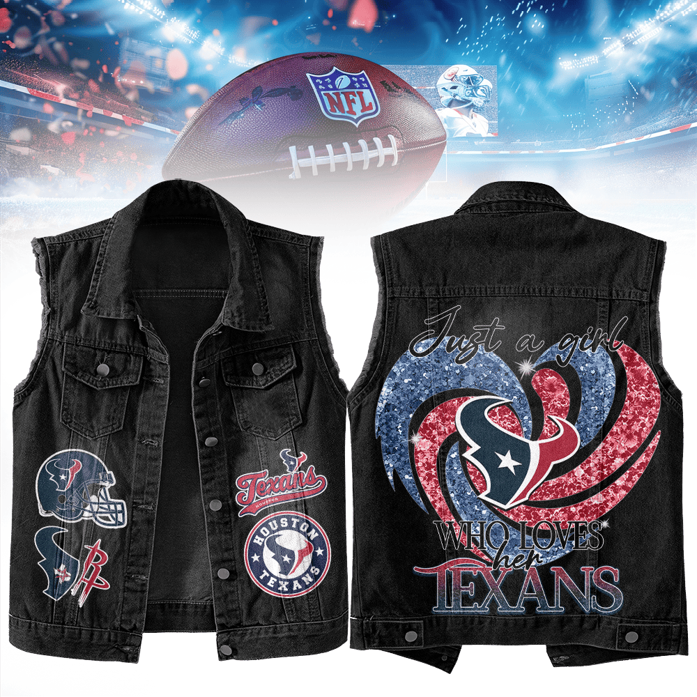 LIMITED EDITION - NEW PREMIUM NFL15 HTT HOUSTON TEXANS UNISEX SLEEVELESS DENIM JACKET