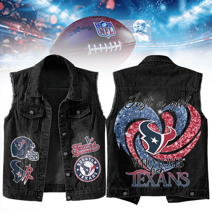 LIMITED EDITION - NEW PREMIUM NFL15 HTT HOUSTON TEXANS UNISEX SLEEVELESS DENIM JACKET