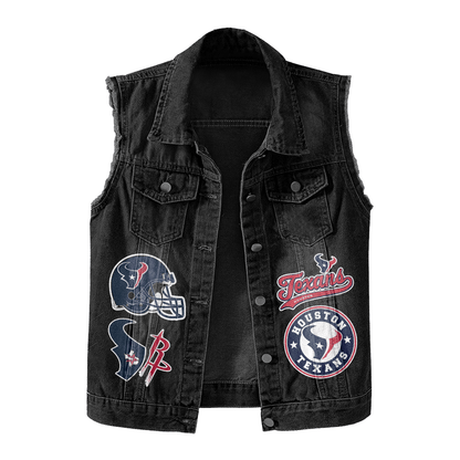 LIMITED EDITION - NEW PREMIUM NFL15 HTT HOUSTON TEXANS UNISEX SLEEVELESS DENIM JACKET