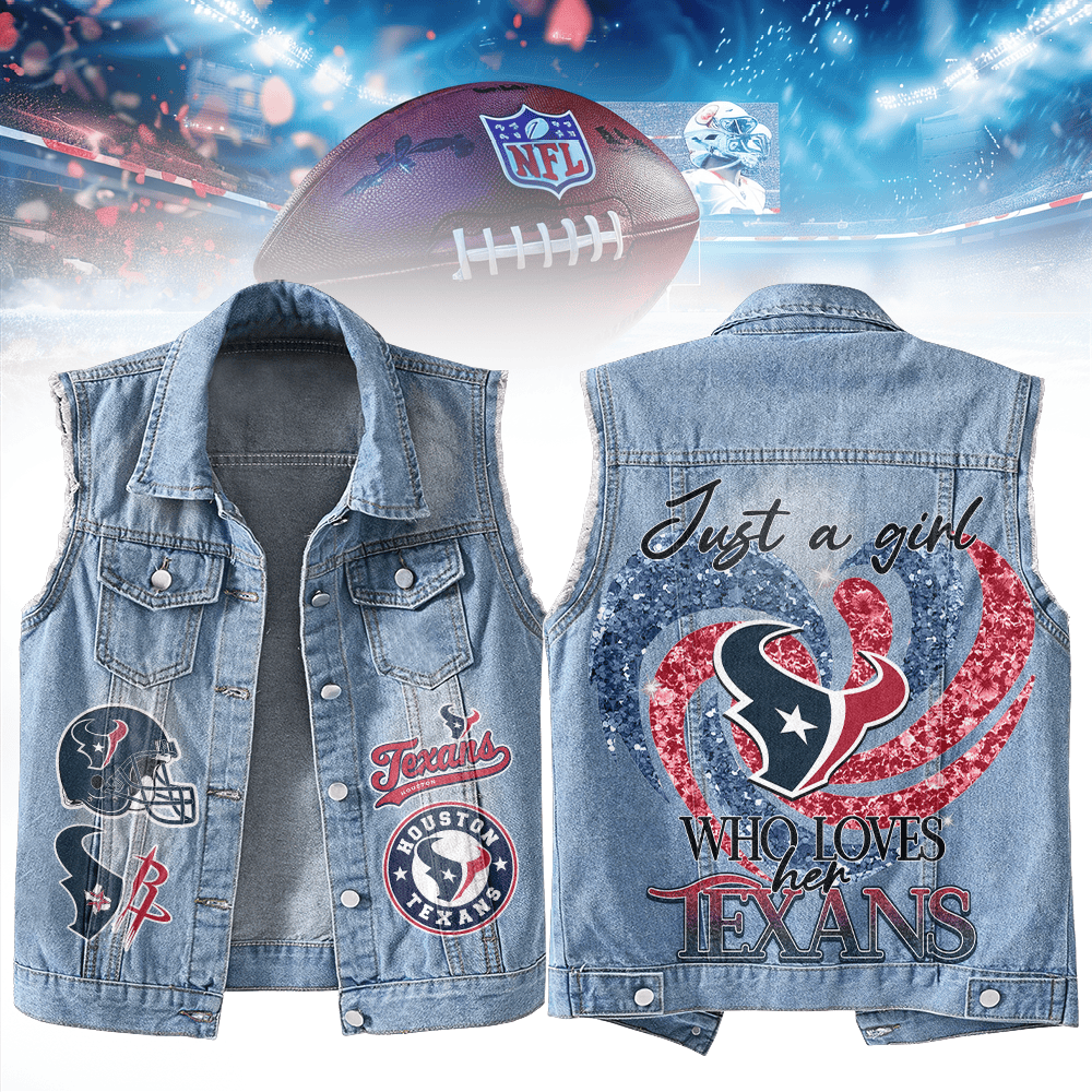 LIMITED EDITION - NEW PREMIUM NFL15 HTT HOUSTON TEXANS UNISEX SLEEVELESS DENIM JACKET
