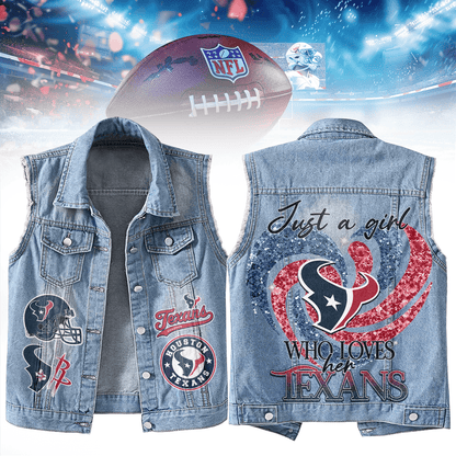 LIMITED EDITION - NEW PREMIUM NFL15 HTT HOUSTON TEXANS UNISEX SLEEVELESS DENIM JACKET