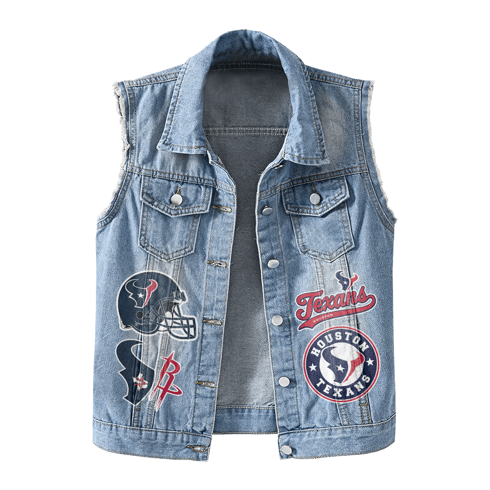 LIMITED EDITION - NEW PREMIUM NFL15 HTT HOUSTON TEXANS UNISEX SLEEVELESS DENIM JACKET