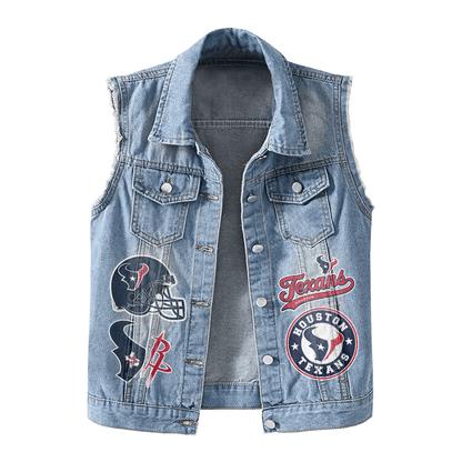 LIMITED EDITION - NEW PREMIUM NFL15 HTT HOUSTON TEXANS UNISEX SLEEVELESS DENIM JACKET