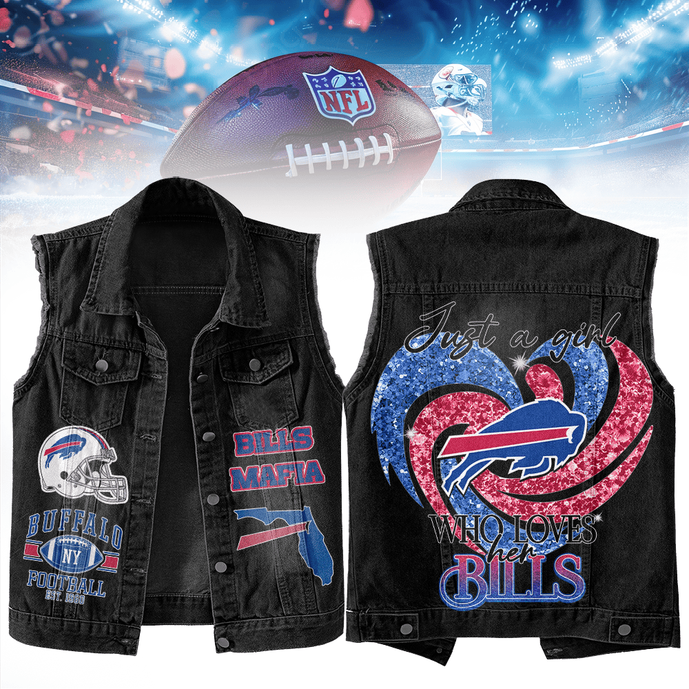 LIMITED EDITION - NEW PREMIUM NFL03 BFB BUFFALO BILLS UNISEX SLEEVELESS DENIM JACKET