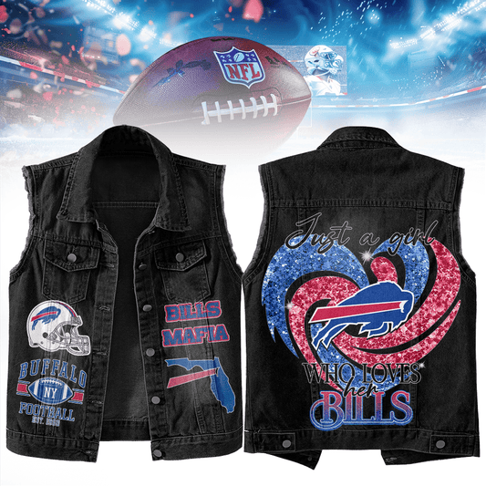 LIMITED EDITION - NEW PREMIUM NFL03 BFB BUFFALO BILLS UNISEX SLEEVELESS DENIM JACKET