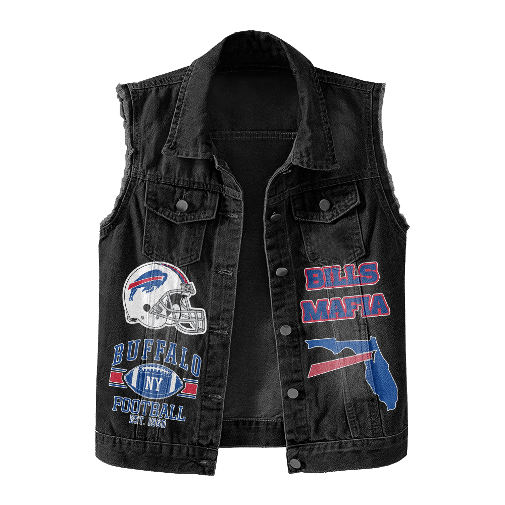 LIMITED EDITION - NEW PREMIUM NFL03 BFB BUFFALO BILLS UNISEX SLEEVELESS DENIM JACKET