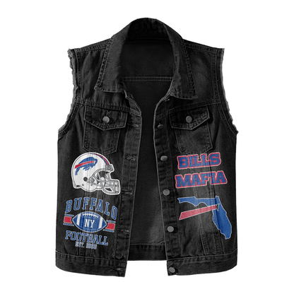 LIMITED EDITION - NEW PREMIUM NFL03 BFB BUFFALO BILLS UNISEX SLEEVELESS DENIM JACKET