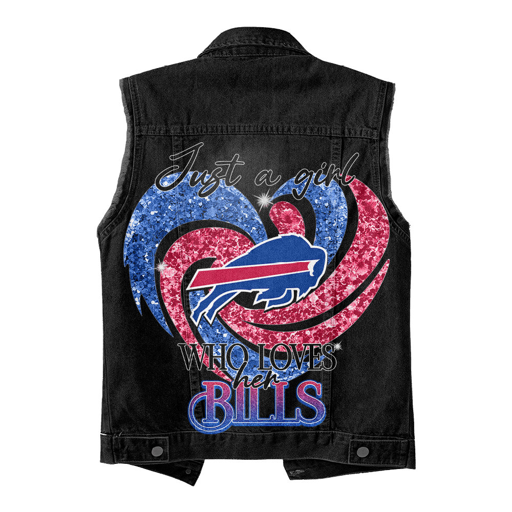 LIMITED EDITION - NEW PREMIUM NFL03 BFB BUFFALO BILLS UNISEX SLEEVELESS DENIM JACKET