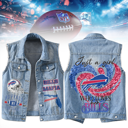 LIMITED EDITION - NEW PREMIUM NFL03 BFB BUFFALO BILLS UNISEX SLEEVELESS DENIM JACKET